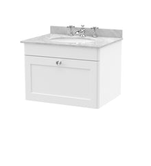 Nui Classique 600mm Wall Hung 1 Drawer Vanity & Marble Top 3th Traditional Satin White MFC Painted Matt 445x620x463mm - CLC194GR3 - JJ Building Materials