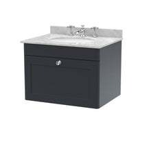 Nui Classique 600mm Wall Hung 1 Drawer Vanity & Marble Top 3th Traditional Soft Black MFC Painted Matt 445x620x463mm - CLC1494GR3 - JJ Building Materials