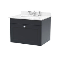 Nui Classique 600mm Wall Hung 1 Drawer Vanity & Marble Top 3th Traditional Soft Black MFC Painted Matt 445x620x463mm - CLC1494WR3 - JJ Building Materials