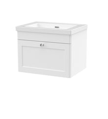 Nui Classique 600mm Wall Hung 1 - drawer Vanity With Basin - 0 Tap Hole Traditional Satin White Fireclay 476x613x462mm - JJ Building Materials