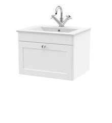 Nui Classique 600mm Wall Hung 1 - drawer Vanity With Basin - 1 Tap Hole Traditional Satin White Vitreous China 449x605x460mm - JJ Building Materials