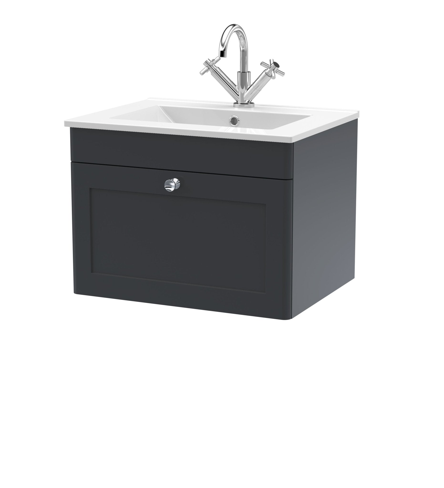 Nui Classique 600mm Wall Hung 1 - drawer Vanity With Basin - 1 Tap Hole Traditional Soft Black Vitreous China 449x605x460mm - JJ Building Materials