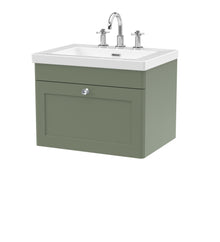 Nui Classique 600mm Wall Hung 1 - drawer Vanity With Basin - 3 Tap Hole Traditional Satin Green Fireclay 476x613x462mm - JJ Building Materials