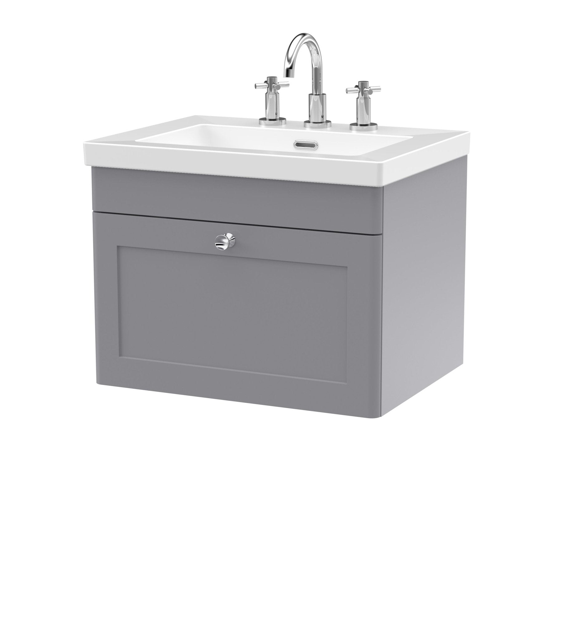 Nui Classique 600mm Wall Hung 1 - drawer Vanity With Basin - 3 Tap Hole Traditional Satin Grey Fireclay 476x613x462mm - JJ Building Materials