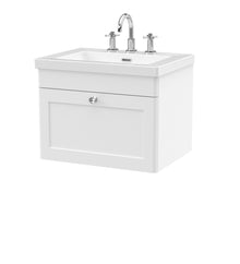 Nui Classique 600mm Wall Hung 1 - drawer Vanity With Basin - 3 Tap Hole Traditional Satin White Fireclay 476x613x462mm - JJ Building Materials