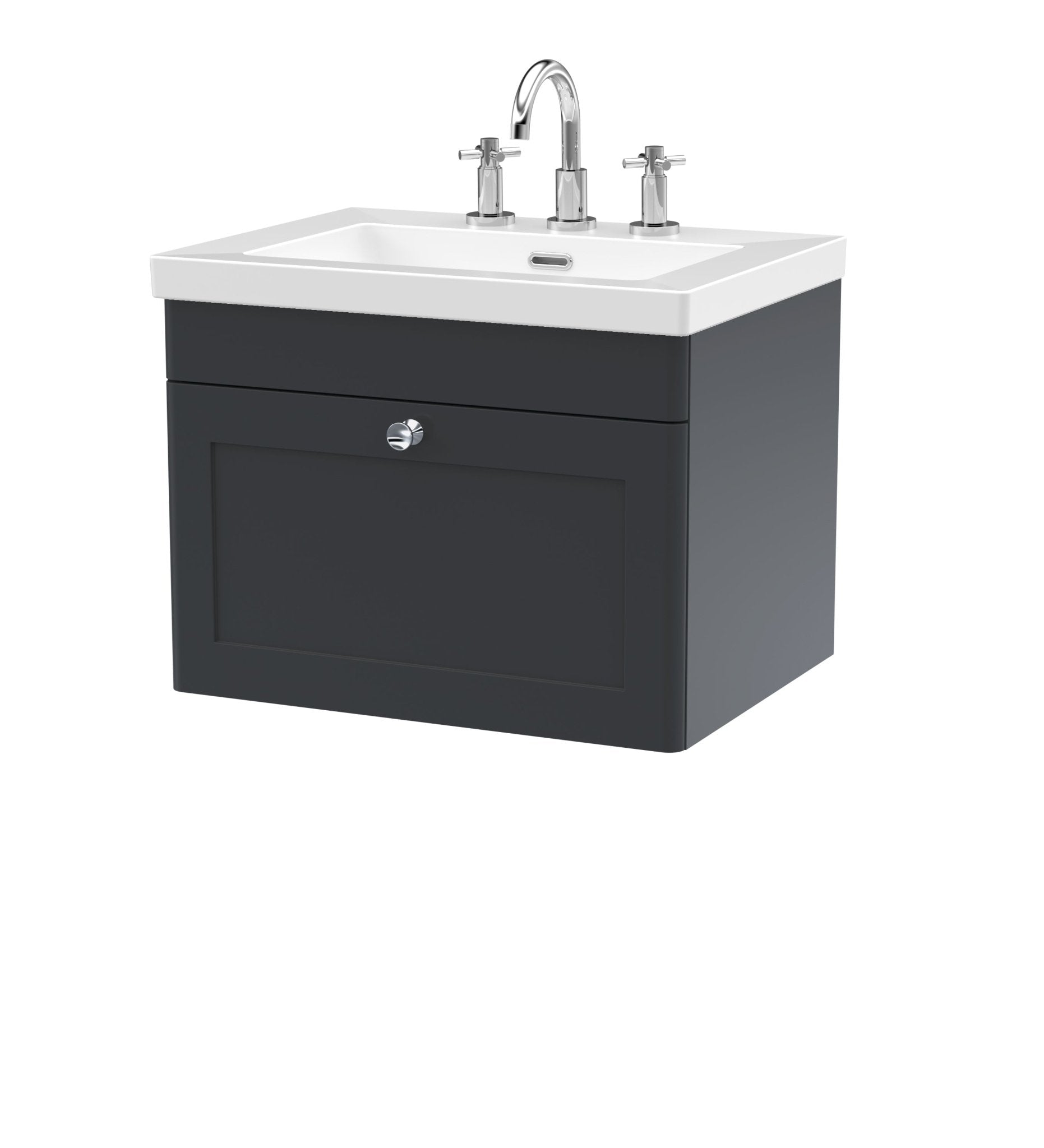 Nui Classique 600mm Wall Hung 1 - drawer Vanity With Basin - 3 Tap Hole Traditional Soft Black Fireclay 476x613x462mm - JJ Building Materials