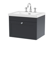 Nui Classique 600mm Wall Hung 1 - drawer Vanity With Basin - 3 Tap Hole Traditional Soft Black Fireclay 476x613x462mm - JJ Building Materials