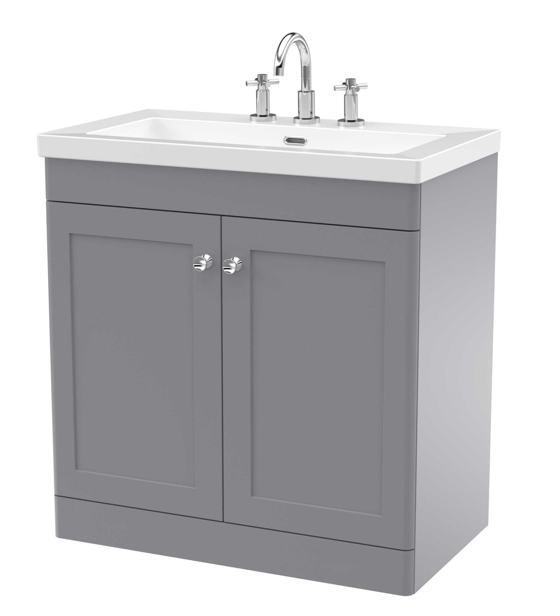 Nui Classique 800mm Floor Standing 2 - door Vanity With Basin - 3 Tap Hole Traditional Satin Grey Fireclay 845x813x462mm - JJ Building Materials