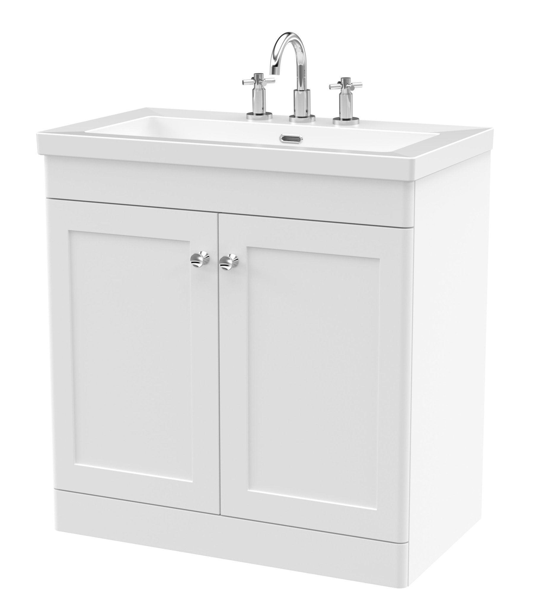 Nui Classique 800mm Floor Standing 2 - door Vanity With Basin - 3 Tap Hole Traditional Satin White Fireclay 845x813x462mm - JJ Building Materials