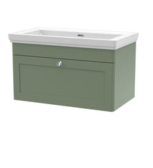 Nui Classique 800mm Wall Hung 1 Drawer Vanity & Basin 0th Traditional Satin Green MFC Painted Matt 452x830x470mm - JJ Building Materials