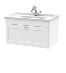 Nui Classique 800mm Wall Hung 1 Drawer Vanity & Basin 1th Traditional Satin White MFC Painted Matt 489x820x480mm - JJ Building Materials