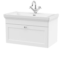 Nui Classique 800mm Wall Hung 1 - drawer Vanity & Basin 1th Traditional Satin White MFC Painted Matt 496x830x470mm - JJ Building Materials