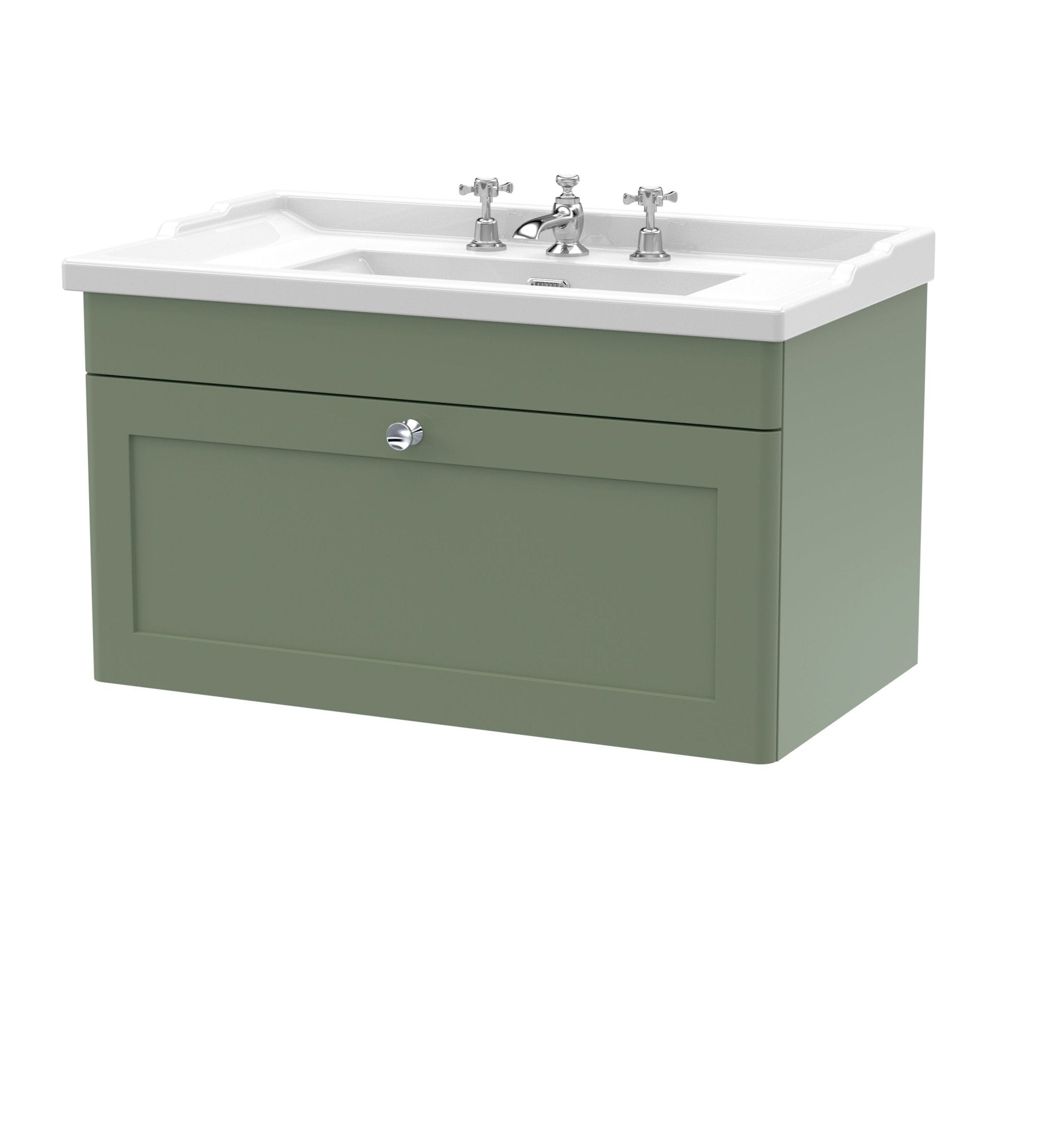 Nui Classique 800mm Wall Hung 1 Drawer Vanity & Basin 3th Traditional Satin Green MFC Painted Matt 489x820x480mm - JJ Building Materials