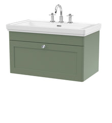 Nui Classique 800mm Wall Hung 1 - drawer Vanity & Basin 3th Traditional Satin Green MFC Painted Matt 496x830x470mm - JJ Building Materials