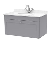 Nui Classique 800mm Wall Hung 1 Drawer Vanity & Marble Top 1th Traditional Satin Grey MFC Painted Matt 445x820x463mm - CLC296WR1 - JJ Building Materials