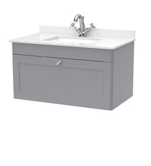 Nui Classique 800mm Wall Hung 1 Drawer Vanity & Marble Top 1th Traditional Satin Grey MFC Painted Matt 445x820x463mm - CLC296WS1 - JJ Building Materials