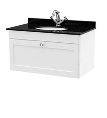 Nui Classique 800mm Wall Hung 1 Drawer Vanity & Marble Top 1th Traditional Satin White MFC Painted Matt 445x820x463mm - CLC196BR1 - JJ Building Materials