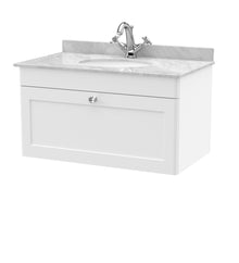 Nui Classique 800mm Wall Hung 1 Drawer Vanity & Marble Top 1th Traditional Satin White MFC Painted Matt 445x820x463mm - CLC196GR1 - JJ Building Materials