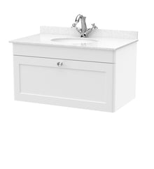 Nui Classique 800mm Wall Hung 1 Drawer Vanity & Marble Top 1th Traditional Satin White MFC Painted Matt 445x820x463mm - CLC196WR1 - JJ Building Materials