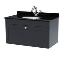 Nui Classique 800mm Wall Hung 1 Drawer Vanity & Marble Top 1th Traditional Soft Black MFC Painted Matt 445x820x463mm - CLC1496BR1 - JJ Building Materials