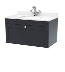 Nui Classique 800mm Wall Hung 1 Drawer Vanity & Marble Top 1th Traditional Soft Black MFC Painted Matt 445x820x463mm - CLC1496WS1 - JJ Building Materials