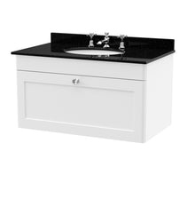 Nui Classique 800mm Wall Hung 1 Drawer Vanity & Marble Top 3th Traditional Satin White MFC Painted Matt 445x820x463mm - CLC196BR3 - JJ Building Materials