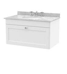 Nui Classique 800mm Wall Hung 1 Drawer Vanity & Marble Top 3th Traditional Satin White MFC Painted Matt 445x820x463mm - CLC196GR3 - JJ Building Materials
