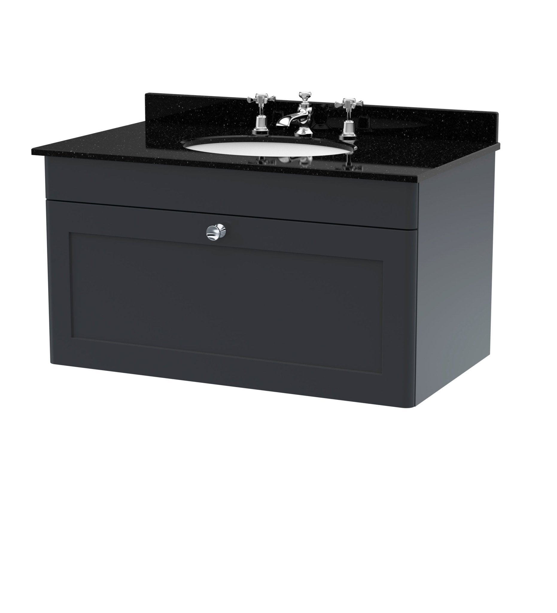 Nui Classique 800mm Wall Hung 1 Drawer Vanity & Marble Top 3th Traditional Soft Black MFC Painted Matt 445x820x463mm - CLC1496BR3 - JJ Building Materials