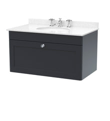 Nui Classique 800mm Wall Hung 1 Drawer Vanity & Marble Top 3th Traditional Soft Black MFC Painted Matt 445x820x463mm - CLC1496WR3 - JJ Building Materials