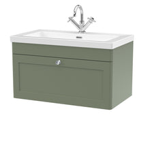 Nui Classique 800mm Wall Hung Single Drawer Vanity With Basin - 1 Tap Hole Traditional Satin Green Fireclay 476x813x462mm - JJ Building Materials
