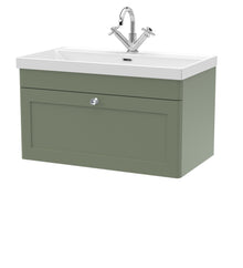 Nui Classique 800mm Wall Hung Single Drawer Vanity With Basin - 1 Tap Hole Traditional Satin Green Vitreous China 481x810x460mm - JJ Building Materials