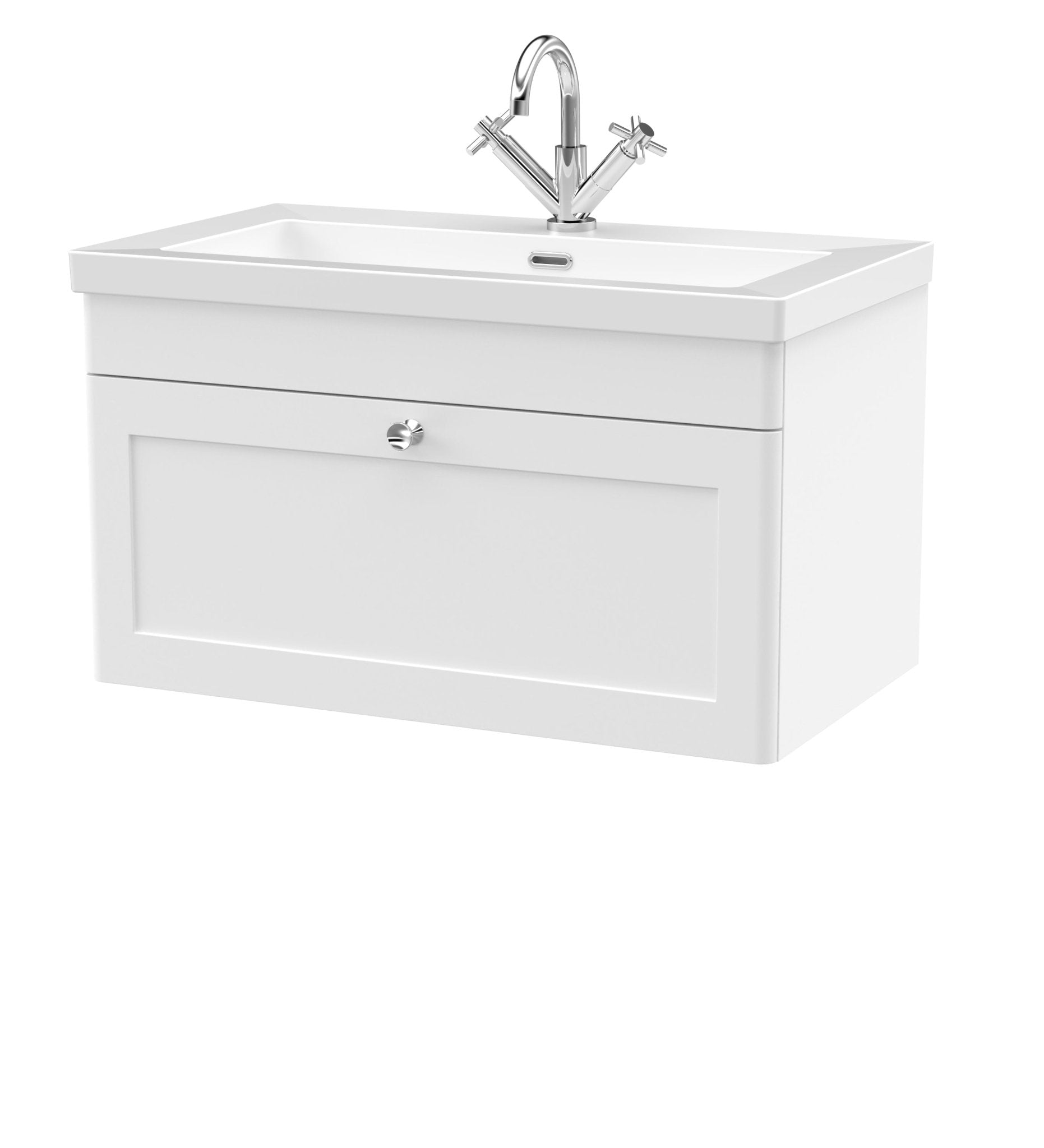 Nui Classique 800mm Wall Hung Single Drawer Vanity With Basin - 1 Tap Hole Traditional Satin White Fireclay 476x813x462mm - JJ Building Materials