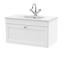 Nui Classique 800mm Wall Hung Single Drawer Vanity With Basin - 1 Tap Hole Traditional Satin White Vitreous China 449x805x460mm - JJ Building Materials