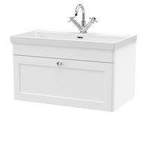 Nui Classique 800mm Wall Hung Single Drawer Vanity With Basin - 1 Tap Hole Traditional Satin White Vitreous China 481x810x460mm - JJ Building Materials