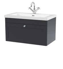 Nui Classique 800mm Wall Hung Single Drawer Vanity With Basin - 1 Tap Hole Traditional Soft Black Fireclay 476x813x462mm - JJ Building Materials