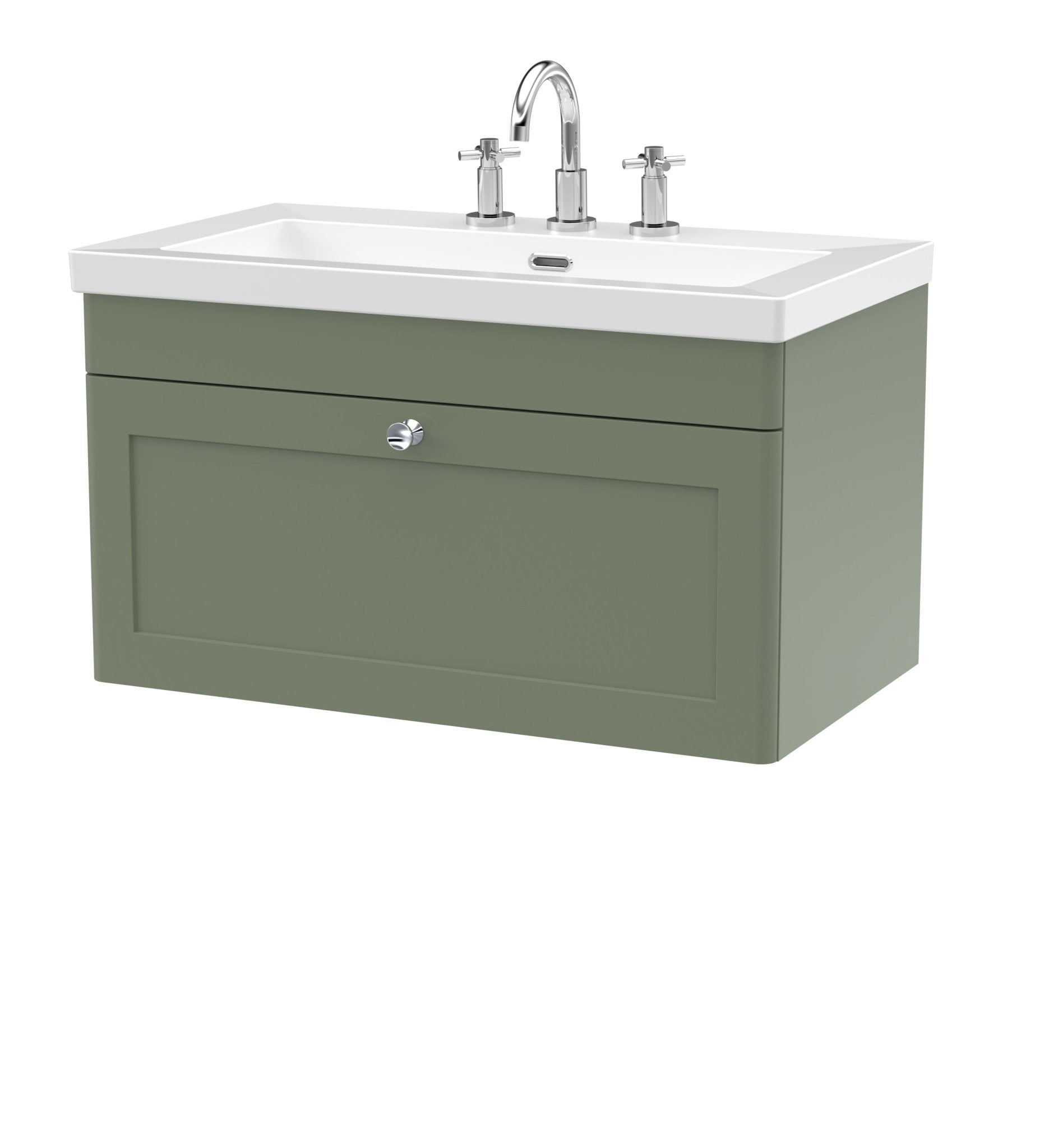 Nui Classique 800mm Wall Hung Single Drawer Vanity With Basin - 3 Tap Hole Traditional Satin Green Fireclay 476x813x462mm - JJ Building Materials