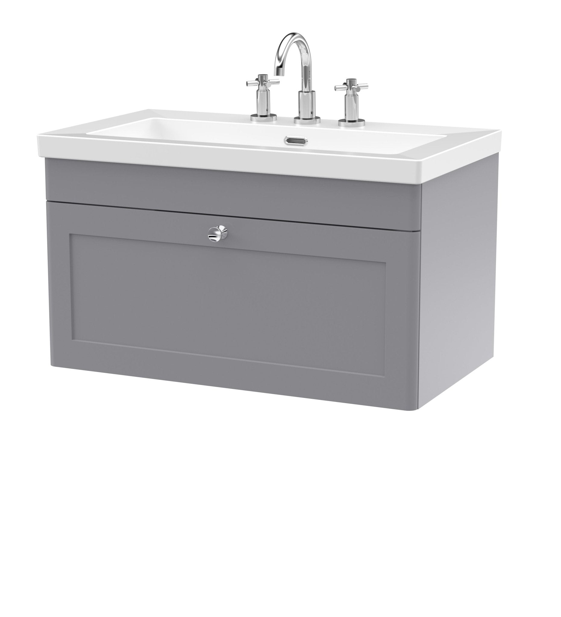 Nui Classique 800mm Wall Hung Single Drawer Vanity With Basin - 3 Tap Hole Traditional Satin Grey Fireclay 476x813x462mm - JJ Building Materials