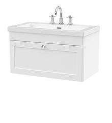 Nui Classique 800mm Wall Hung Single Drawer Vanity With Basin - 3 Tap Hole Traditional Satin White Fireclay 476x813x462mm - JJ Building Materials