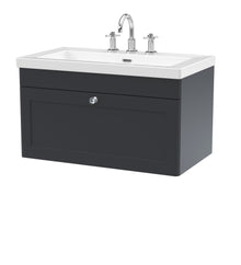 Nui Classique 800mm Wall Hung Single Drawer Vanity With Basin - 3 Tap Hole Traditional Soft Black Fireclay 476x813x462mm - JJ Building Materials