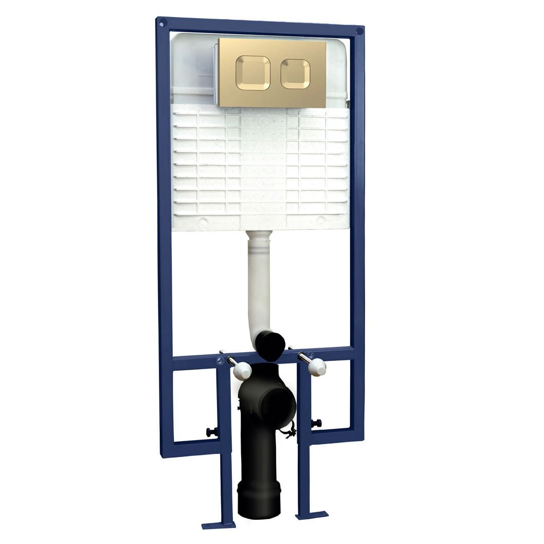 Nui Concealed Cisterns And Frames Dual Flush Concealed Cistern Frame Round Plate Contemporary Brushed Brass Stainless Steel 1136x520x204mm - JJ Building Materials