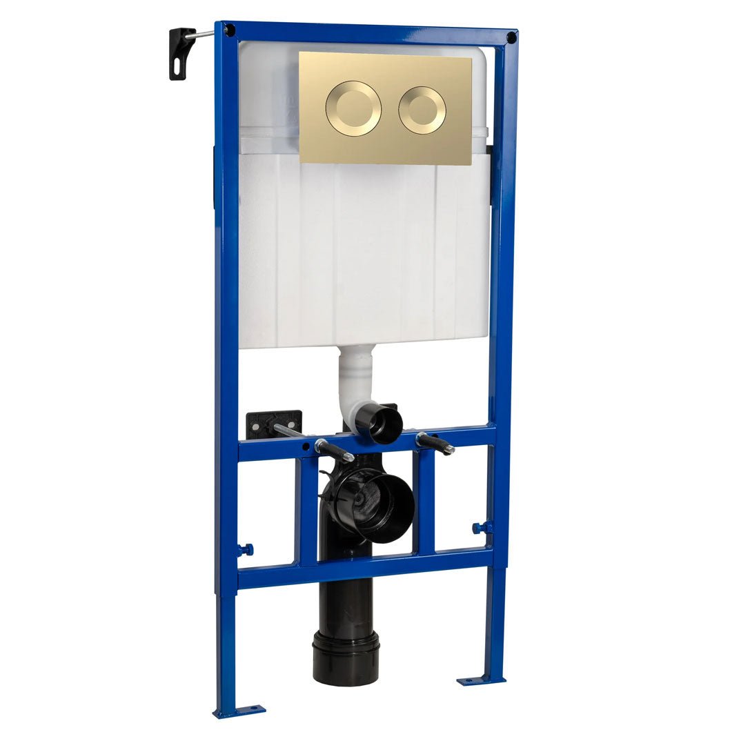 Nui Concealed Cisterns And Frames Dual Flush Concealed Cistern Frame With Round Plate Contemporary Brushed Brass Stainless Steel 890x520x205mm - JJ Building Materials