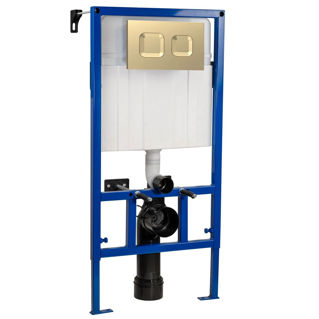 Nui Concealed Cisterns And Frames Dual Flush Concealed Cistern Frame With Square Plate Contemporary Brushed Brass Stainless Steel 890x520x206mm - JJ Building Materials