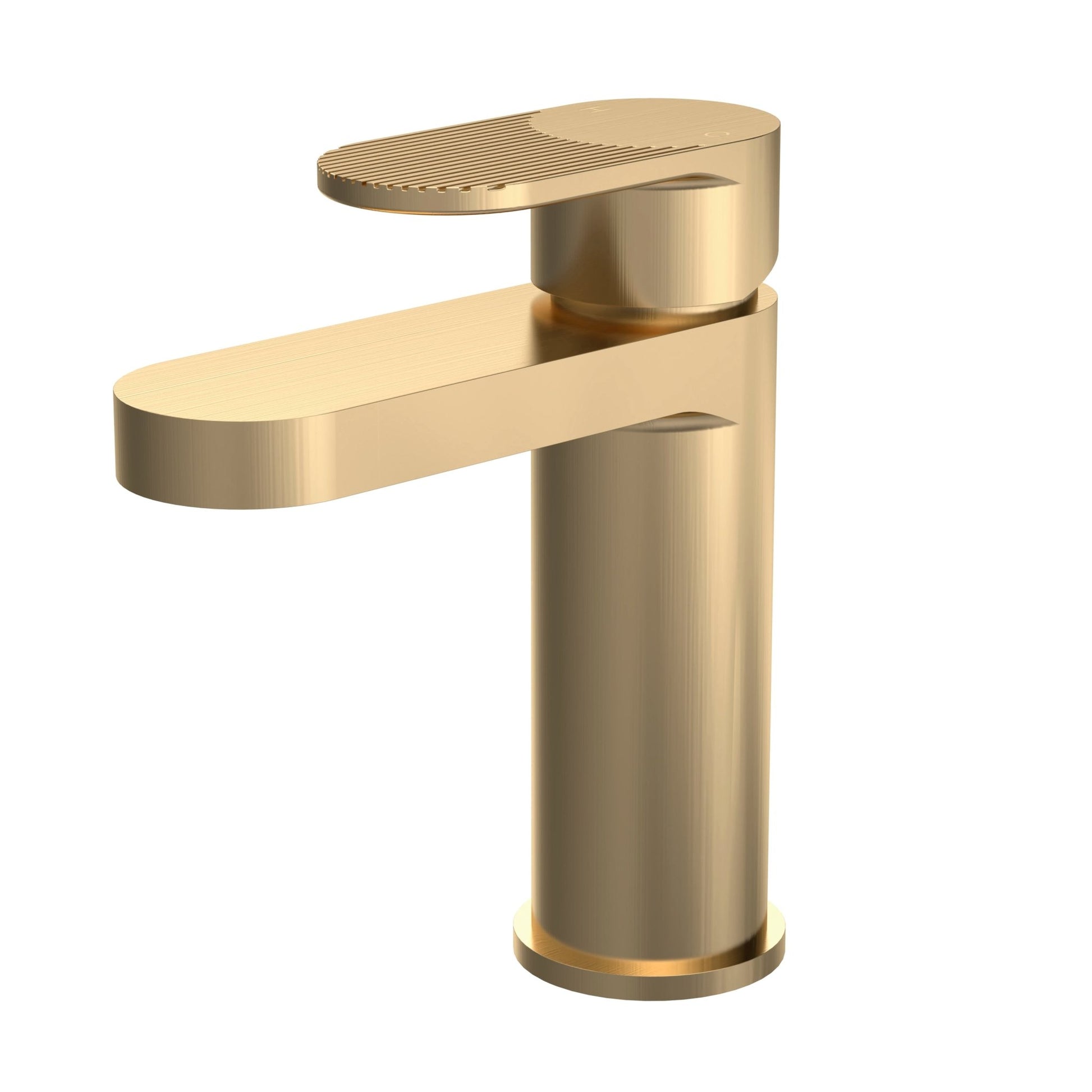 Nui Cyprus Fluted Mono Basin Mixer With Push Button Waste Contemporary Brushed Brass Brass 160x52x150mm - JJ Building Materials