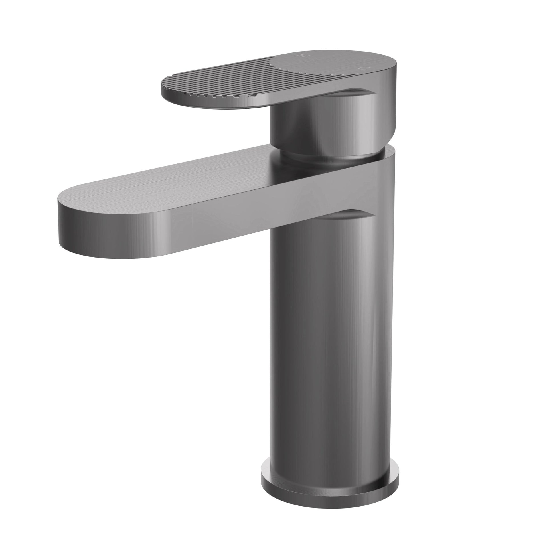 Nui Cyprus Fluted Mono Basin Mixer With Push Button Waste Contemporary Brushed Pewter Brass 160x52x150mm - JJ Building Materials