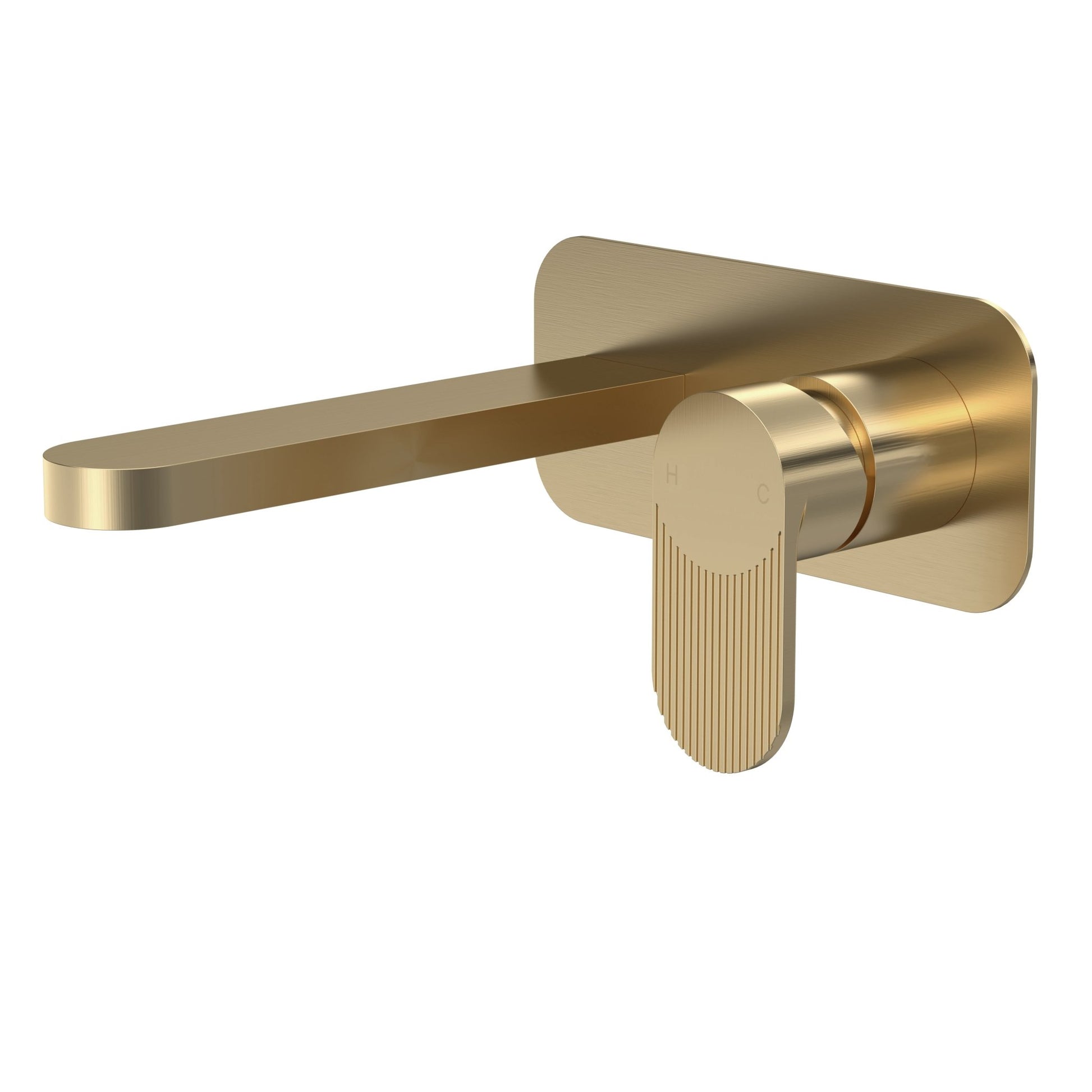 Nui Cyprus Wall Mounted 2 Tap Hole Basin Mixer With Plate Contemporary Brushed Brass Brass 108x180x193mm - JJ Building Materials