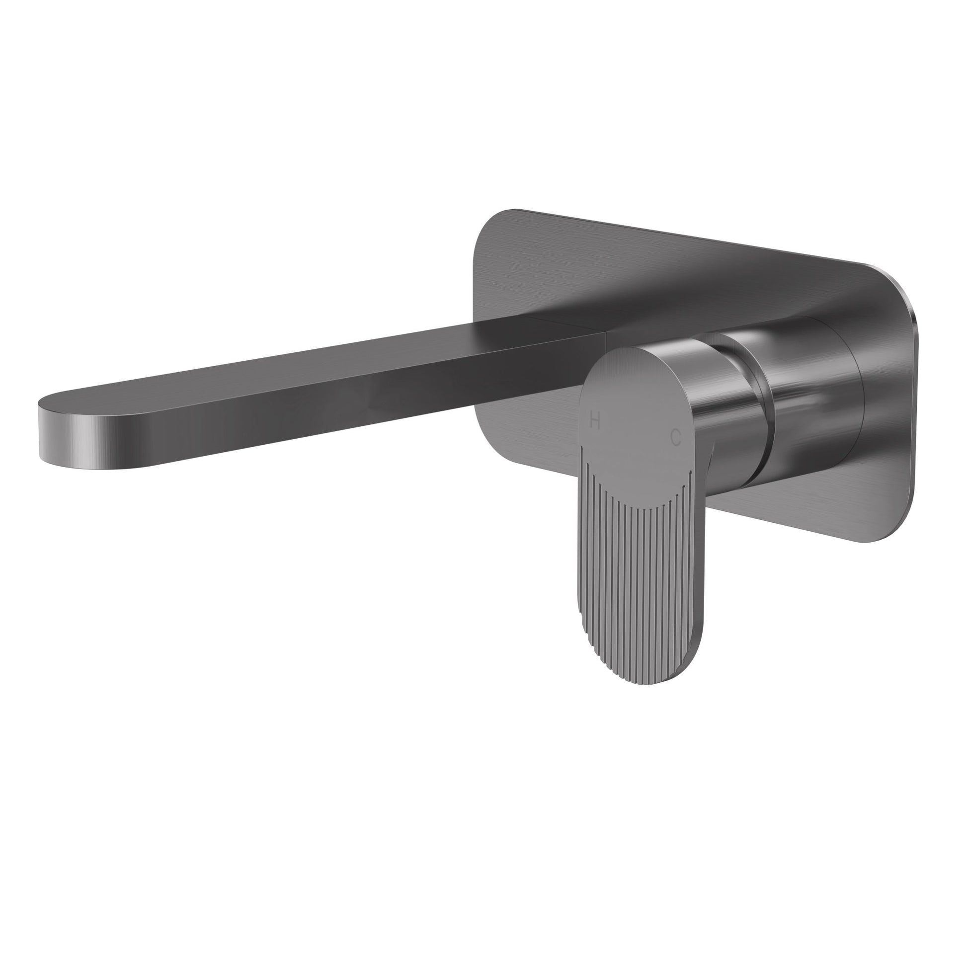 Nui Cyprus Wall Mounted 2 Tap Hole Basin Mixer With Plate Contemporary Brushed Pewter Brass 108x180x193mm - JJ Building Materials