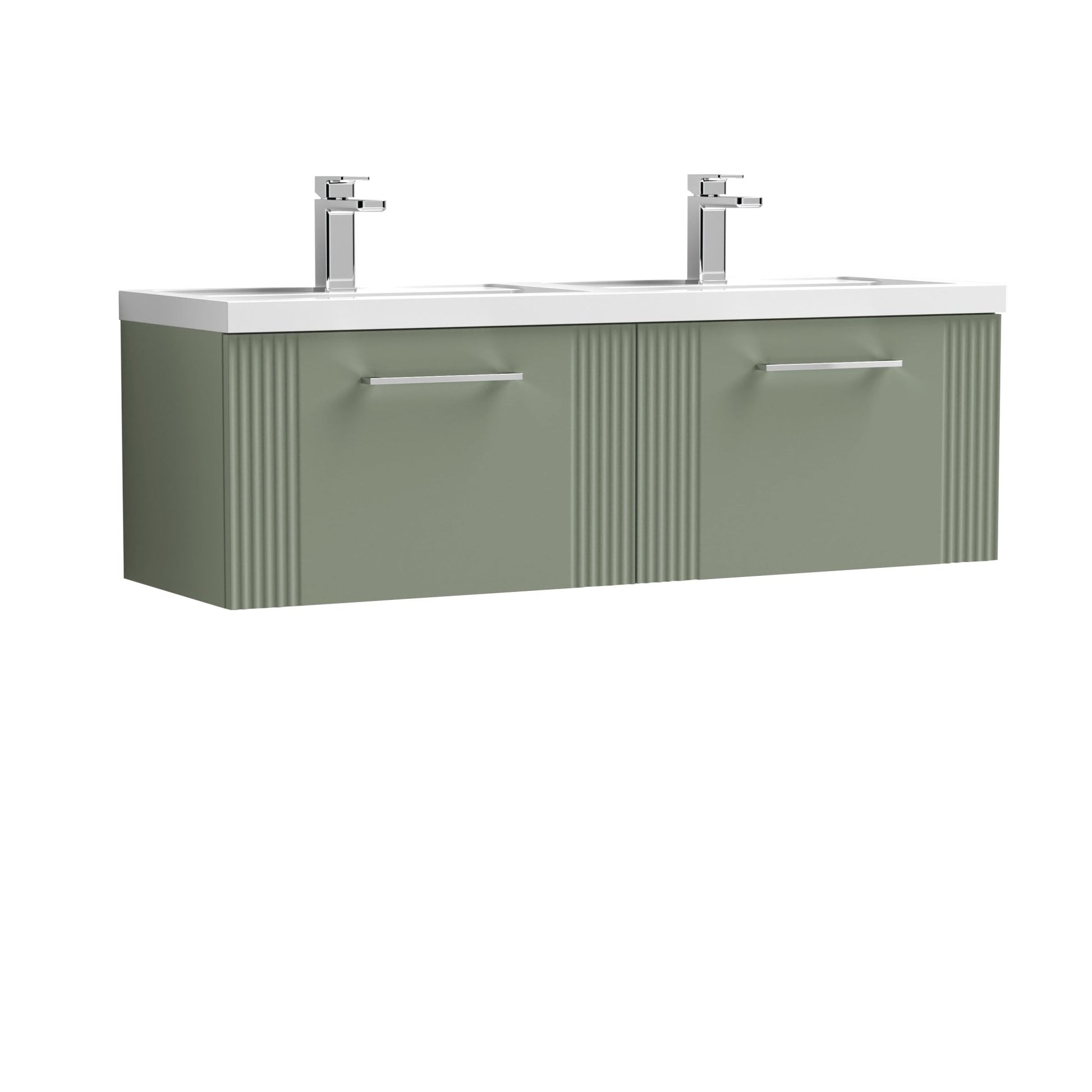Nui Deco 1200mm Wall Hung 2 Drawer Vanity & Double Basin Contemporary Satin Green MFC Painted Gloss 399x1205x390mm - DPF894C - JJ Building Materials