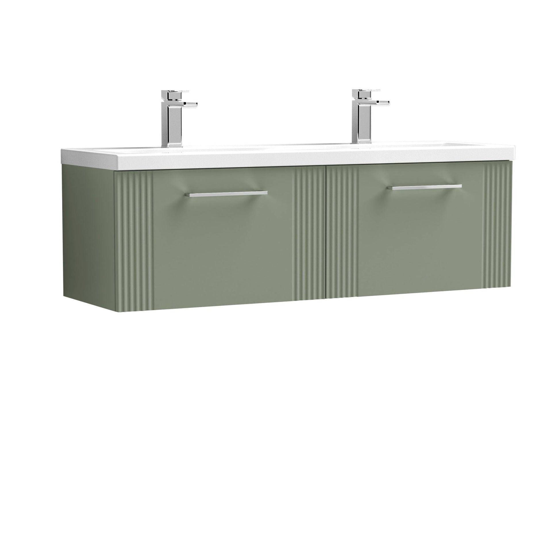 Nui Deco 1200mm Wall Hung 2 Drawer Vanity & Double Basin Contemporary Satin Green MFC Painted Gloss 399x1205x390mm - DPF894F - JJ Building Materials