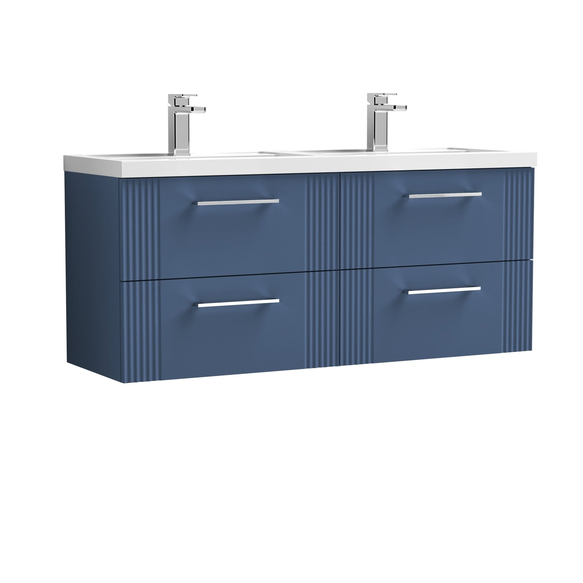 Nui Deco 1200mm Wall Hung 4 Drawer Vanity & Double Basin Contemporary Satin Blue MFC Painted Gloss 540x1205x390mm - DPF393C - JJ Building Materials