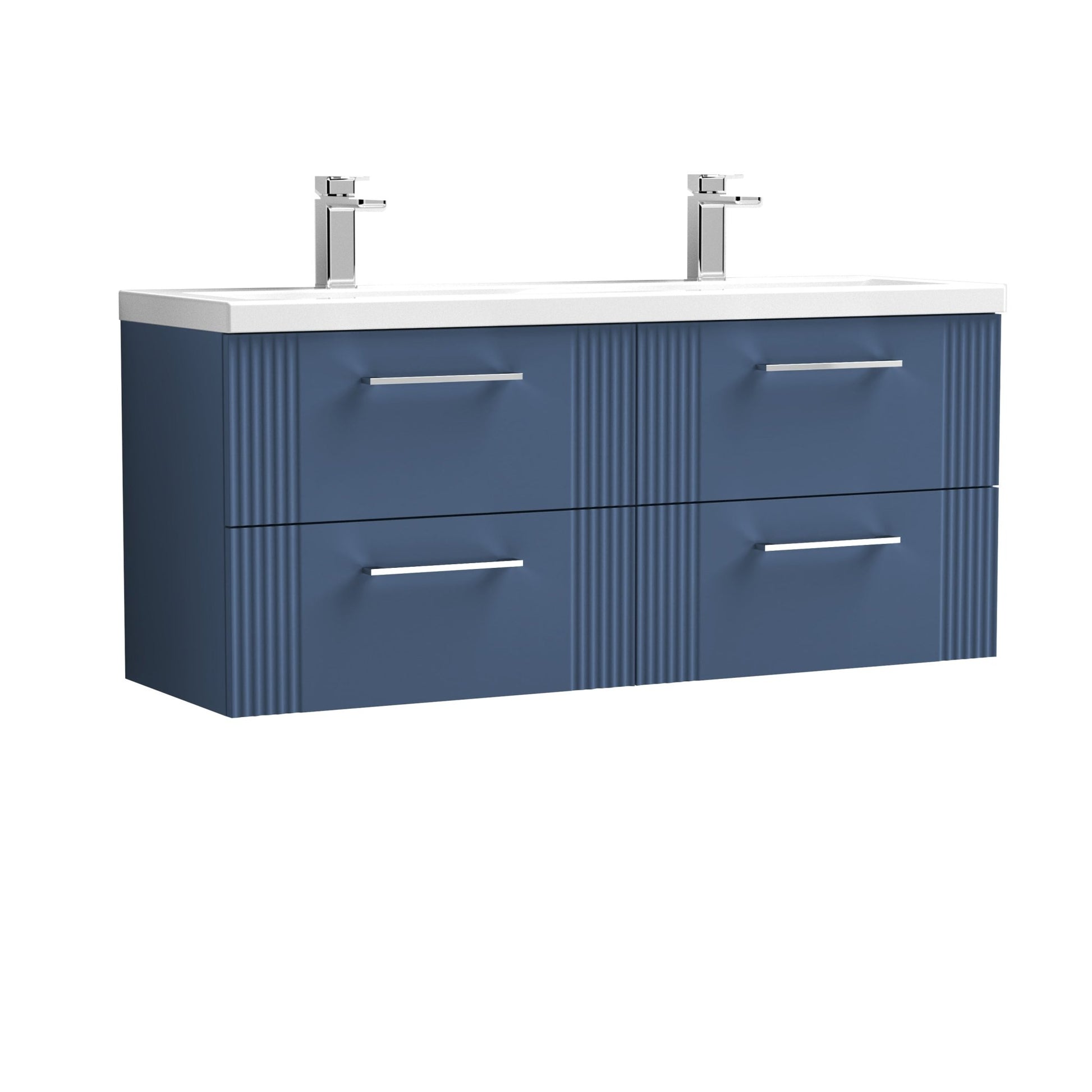 Nui Deco 1200mm Wall Hung 4 Drawer Vanity & Double Basin Contemporary Satin Blue MFC Painted Gloss 540x1205x390mm - DPF393F - JJ Building Materials
